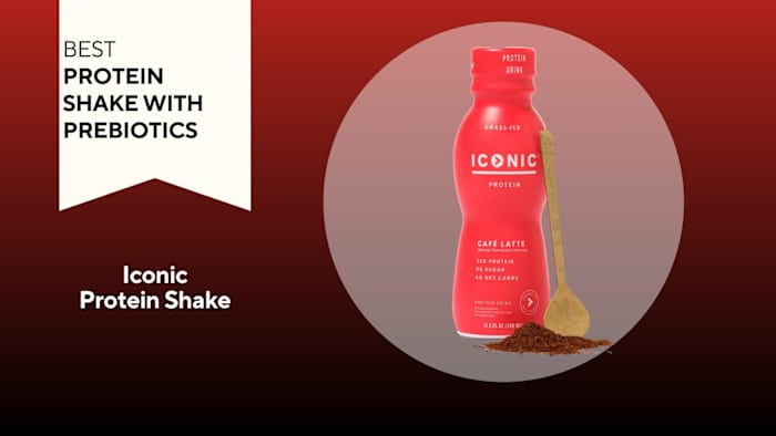 A red background with a white banner reading "Best Protein Shake with Prebiotics" next to a red bottle of Iconic Protein Shake in Coffee flavor